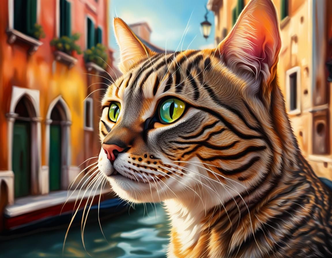 Tabby Cat Amidst Venetian Splendor: Hyperrealistic Art
