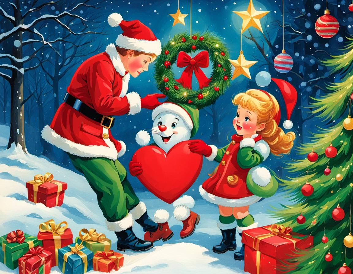 Kitsch Christmas Postcard of a Heart's Journey