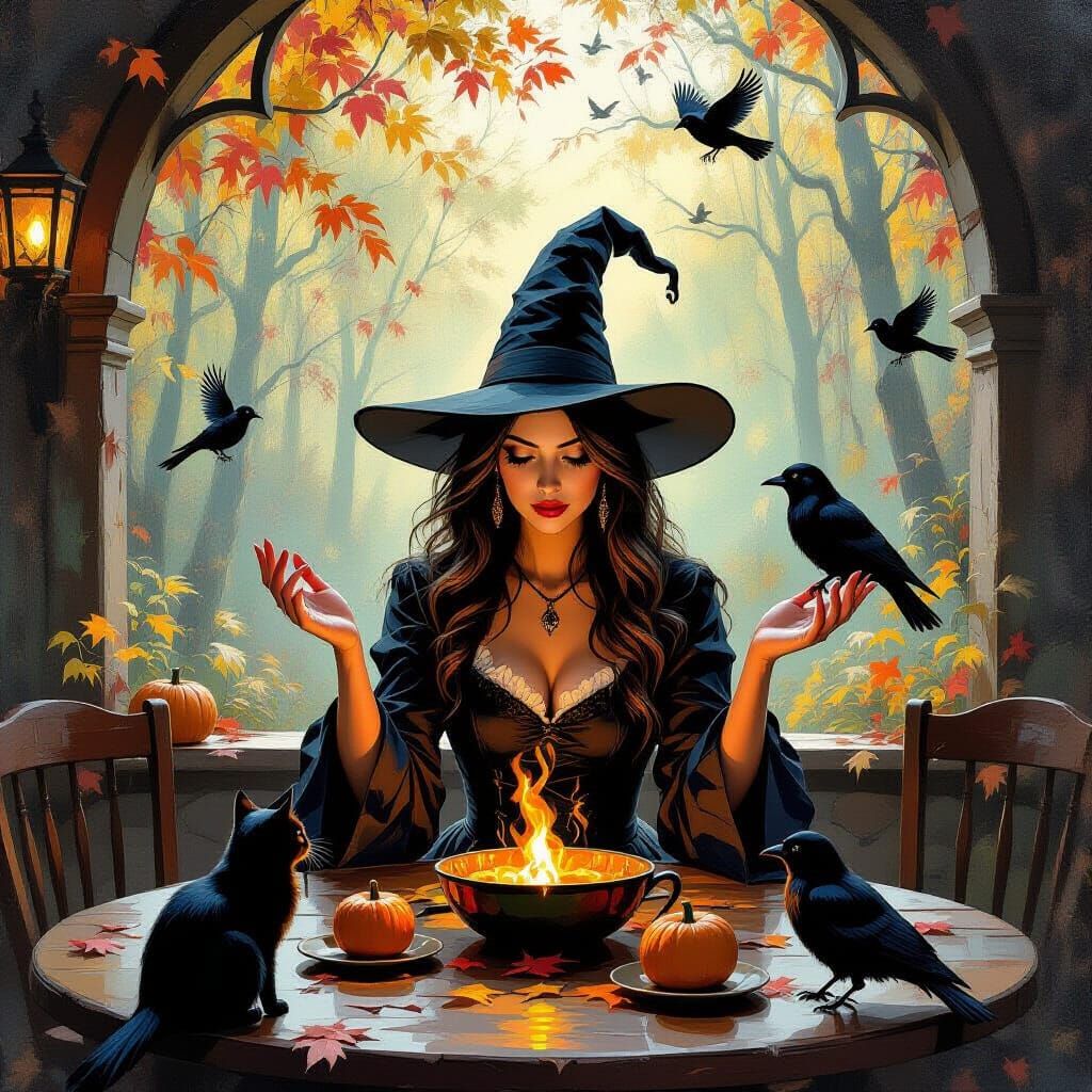 Mystical Witch Casting Spell in Autumn Woodland Cafe