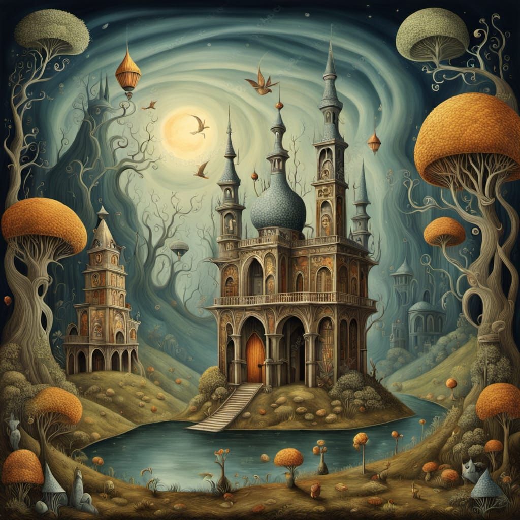 Whimsical Fantasy Landscape in Remedios Varo Style