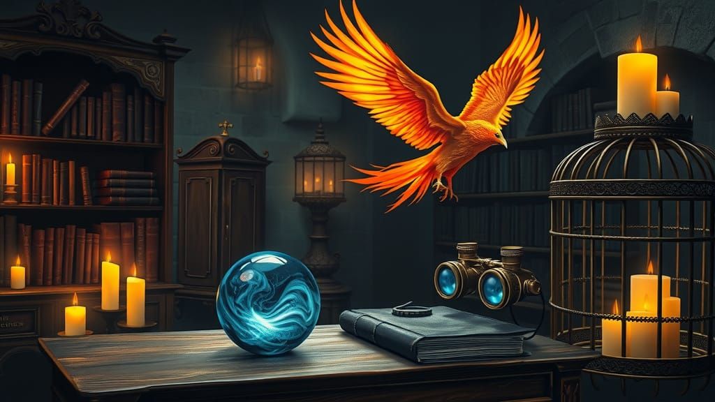 Mystical Wizard Room with Enchanted Objects and Ethereal Glo...