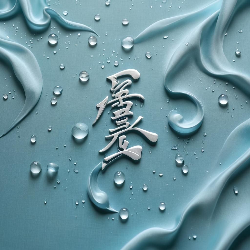 Serene Nippon Calligraphy on Silk with Water Droplets