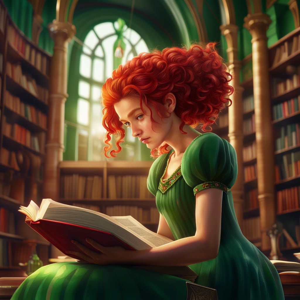 Girl with Storybook in Magical Library
