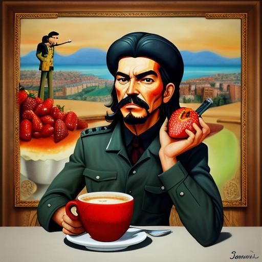 [pixar style, cartoon]: 1.7 che guevara drinks coffee with strawberry pie, morning, detailed