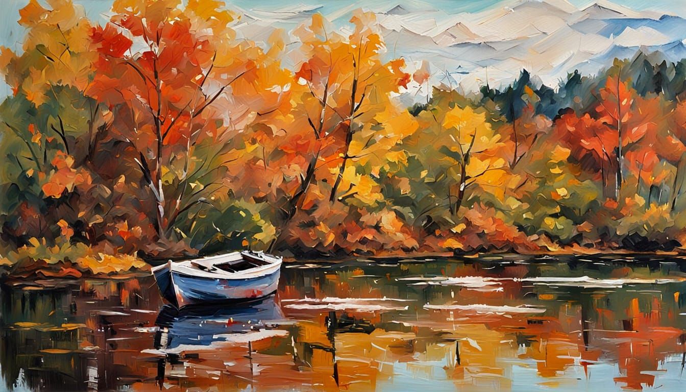 Three-Dimensional Boat on Autumn Lake as Impasto Painting