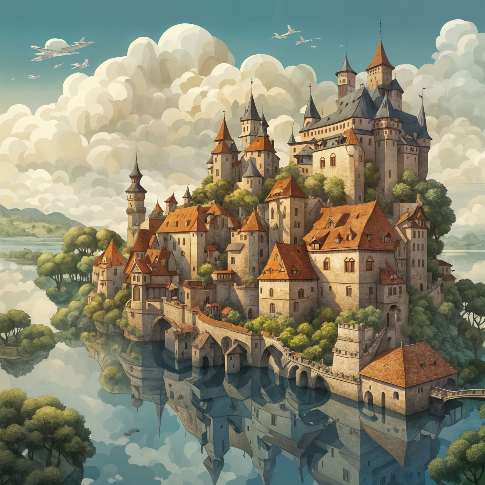 Enchanting Medieval Castle Scene in Whimsical Gouache Style