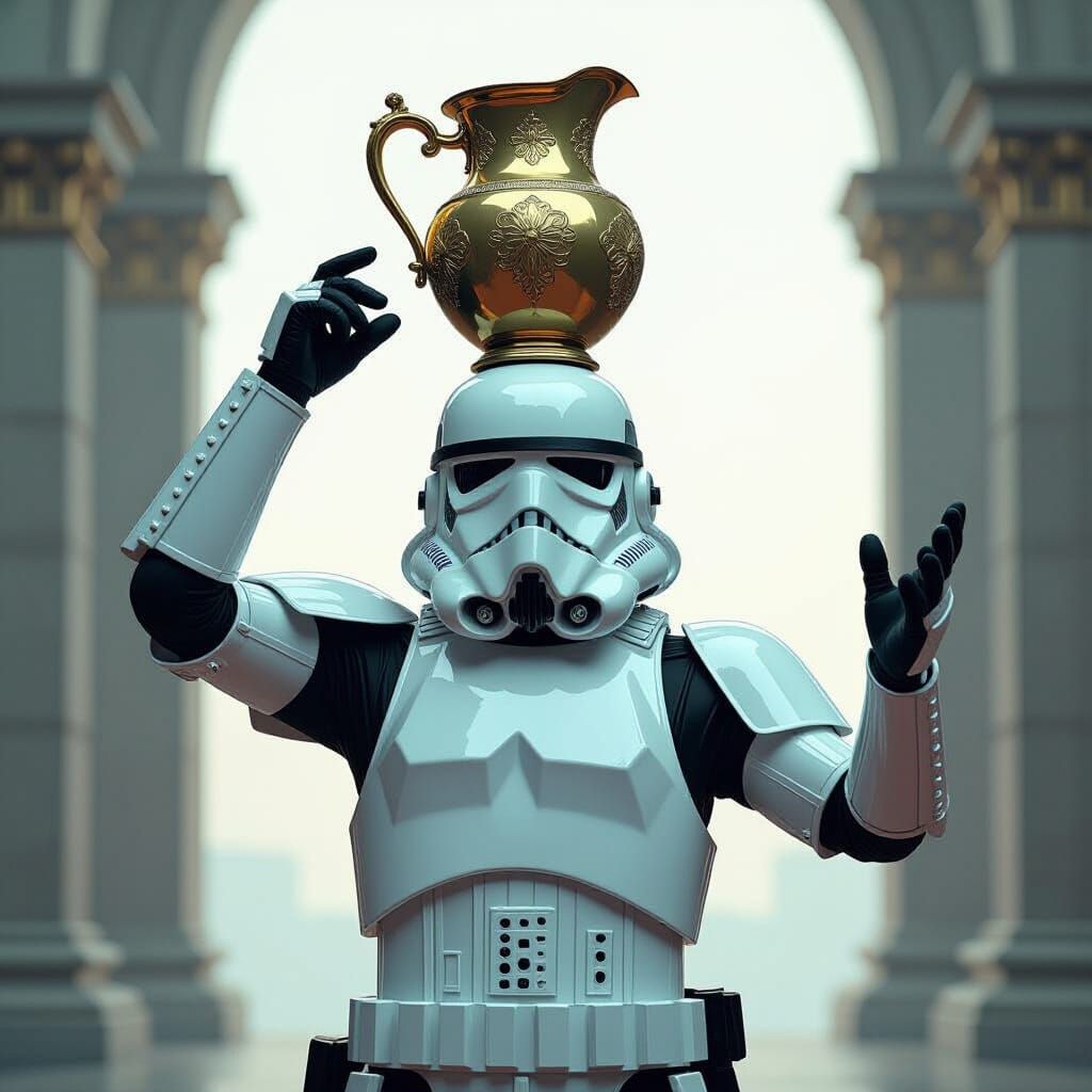 Stormtrooper Balances Pitcher in Retro-Futuristic Style