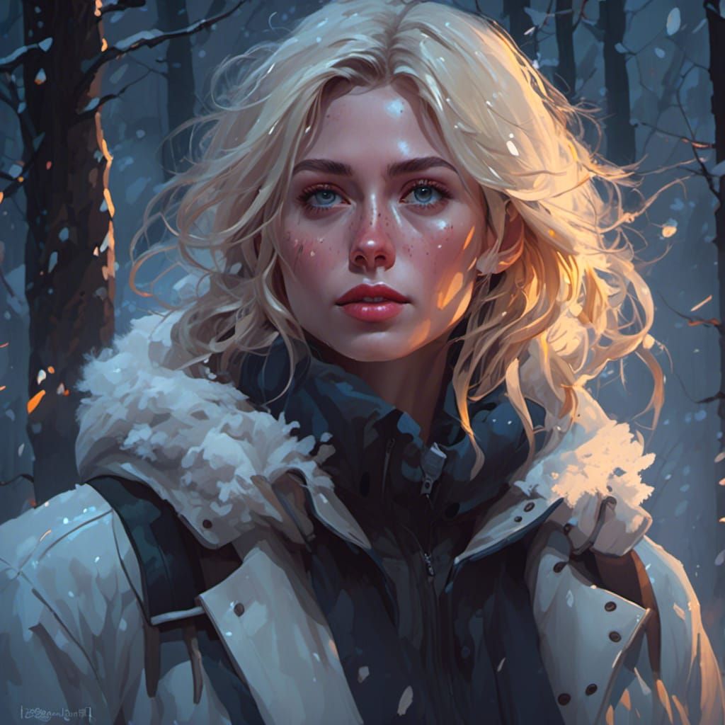 Blonde Woman Portrait in Blizzard, Hyperdetailed Concept Art