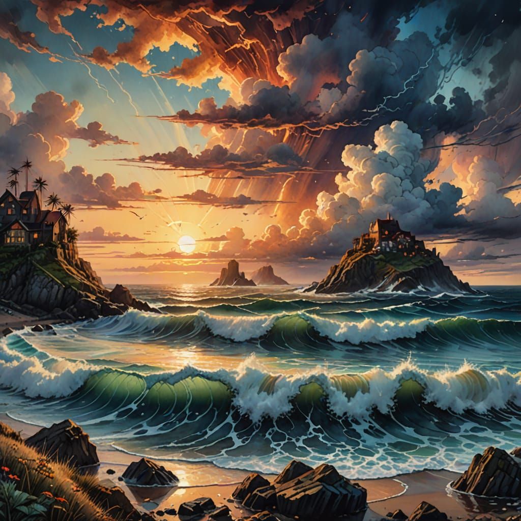 Fantasy Sunset Stormscape in Watercolor Art Style