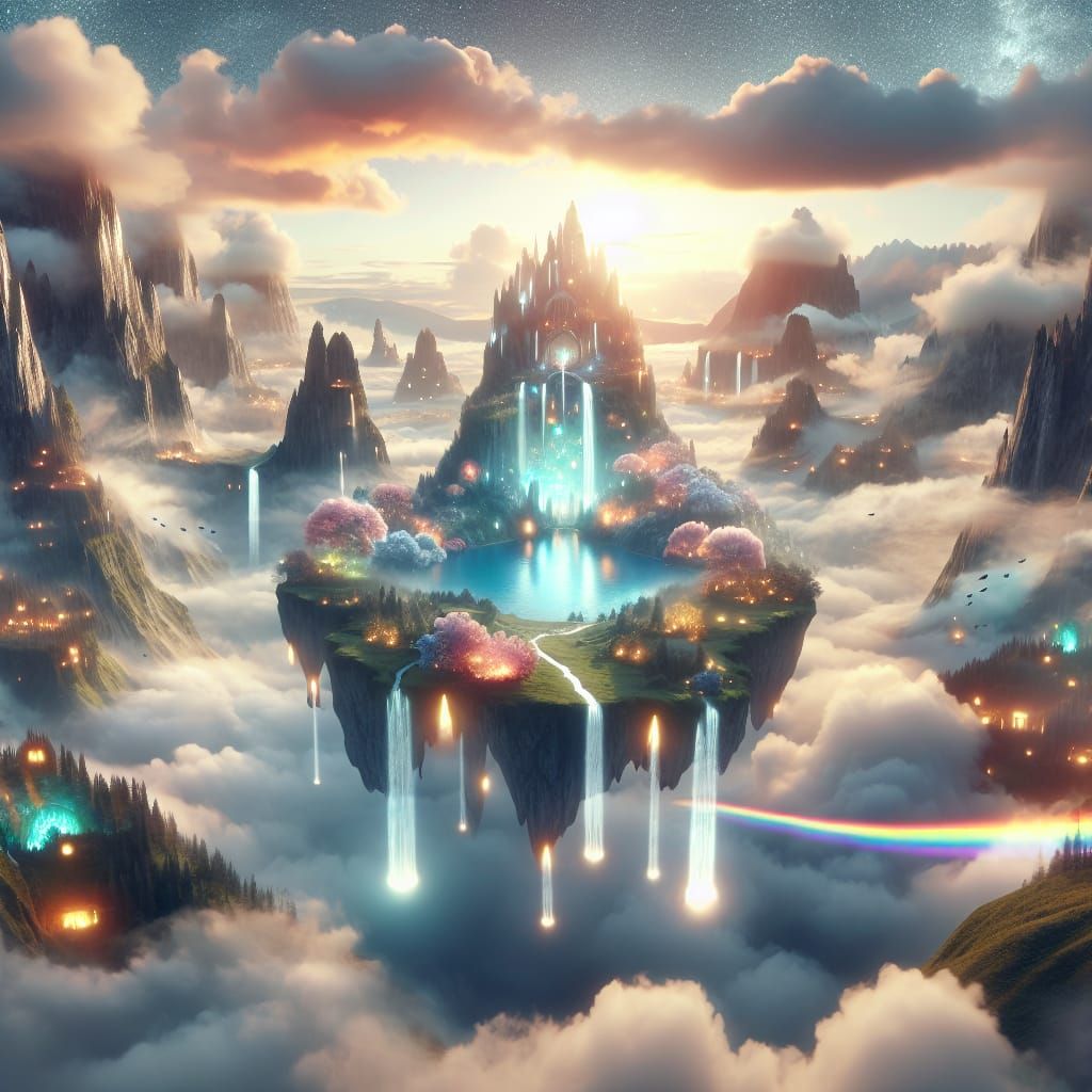 Dreamy Floating Island with Luminous Waterfalls