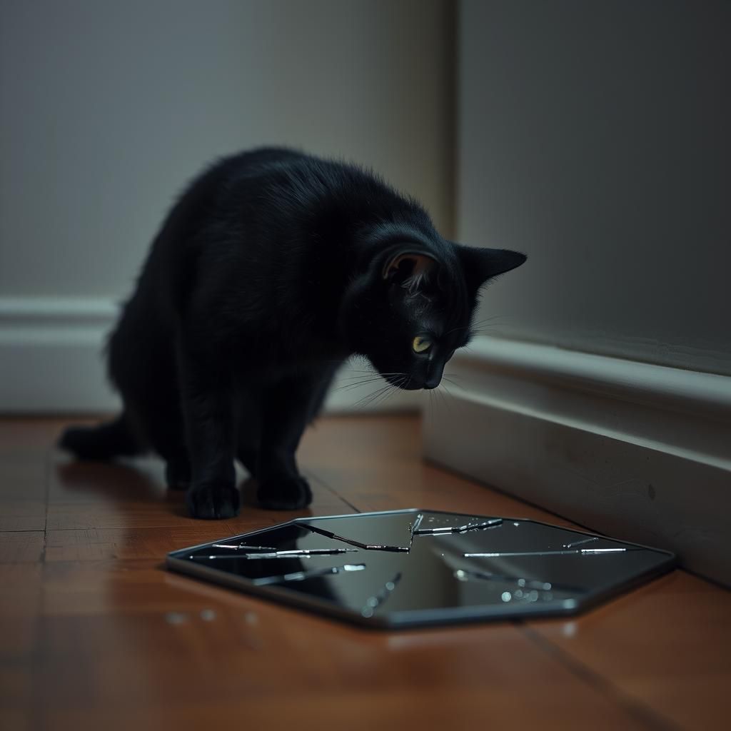 Black Cat and Shattered Mirror Reflection