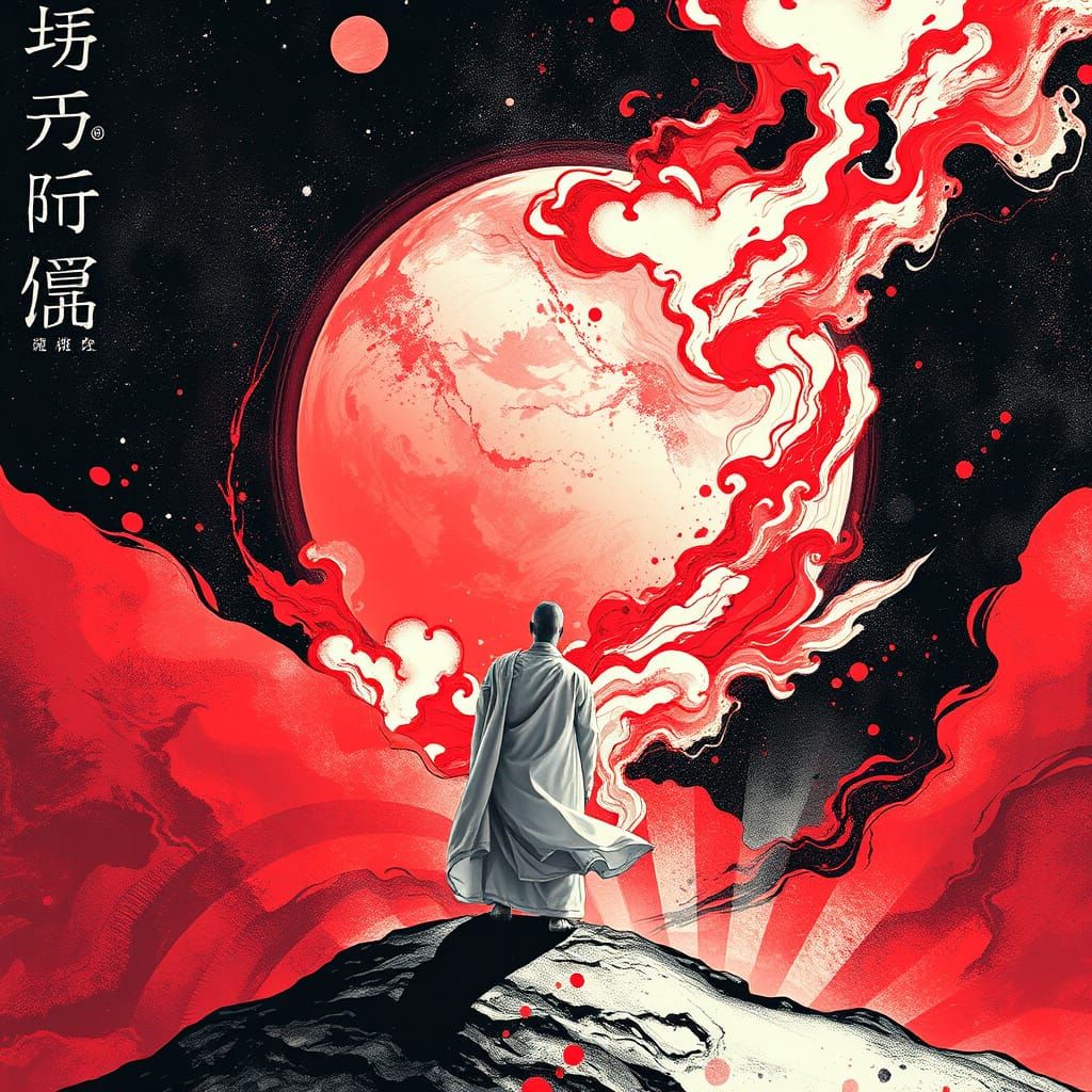 Post-Human Figure at Edge of Sumi-e Cosmos