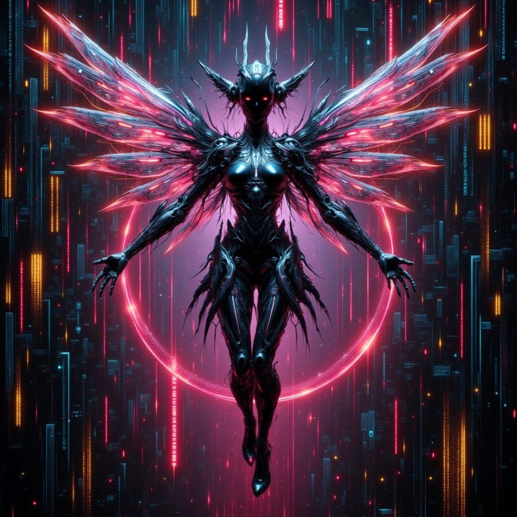 Cybernetic Fairy Glides Through Matrix in Cyberpunk Style