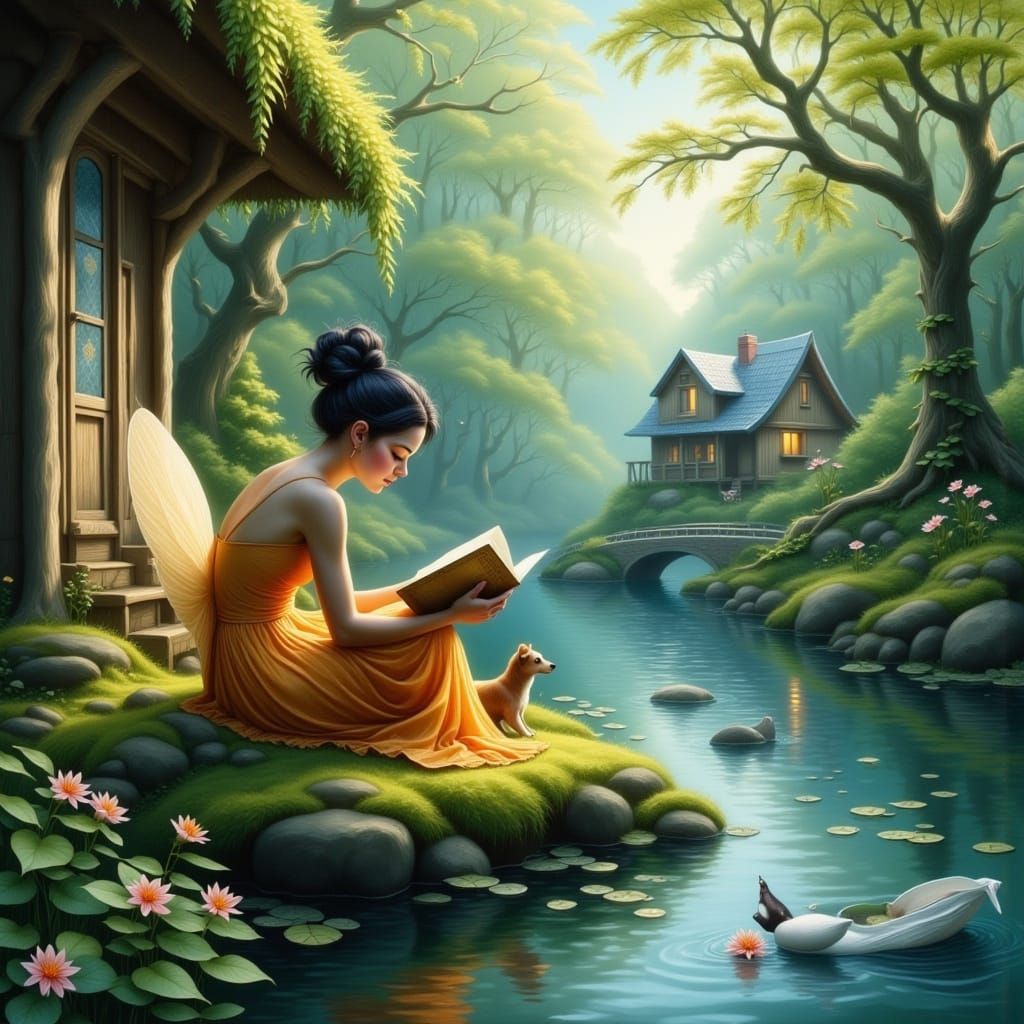 Fairy Reading by River in Dreamy Blur Style