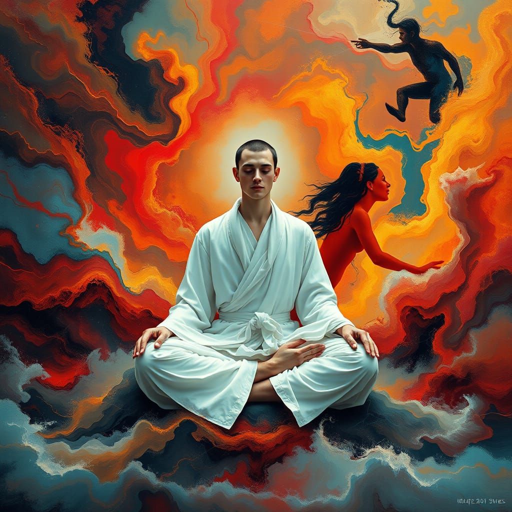 Meditative Figure Amidst Vibrant, Abstract Energy