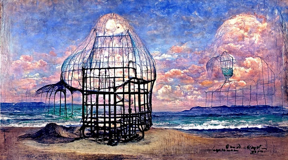 Ocean Birdcage in Colorful Pencil Drawing Style