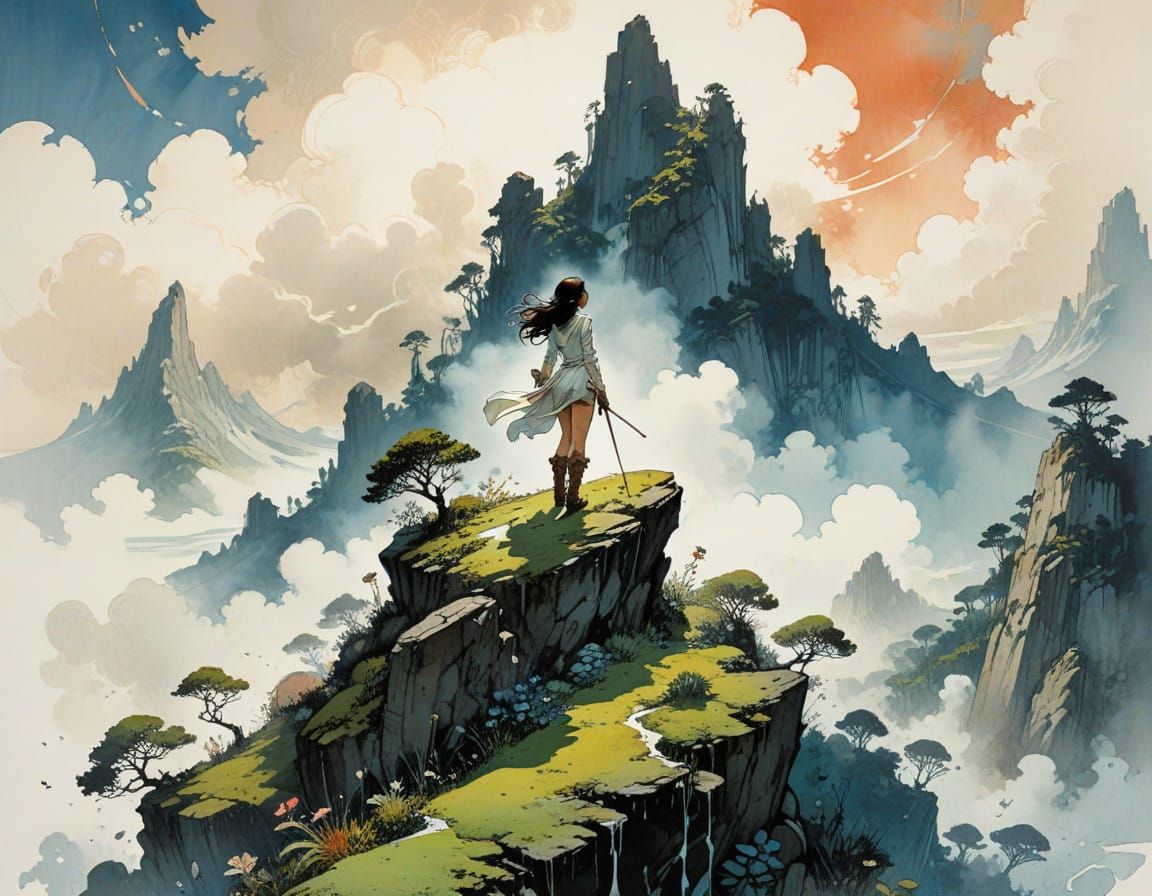 by Esteban Maroto & Jean-Baptiste Monge & Mike Ploog & Charles Vess :: 

Ink Illustration of Towering mountainous terrai...