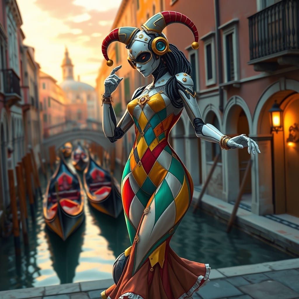 Robot Harlequin Dances in Venice: Digital Illustration