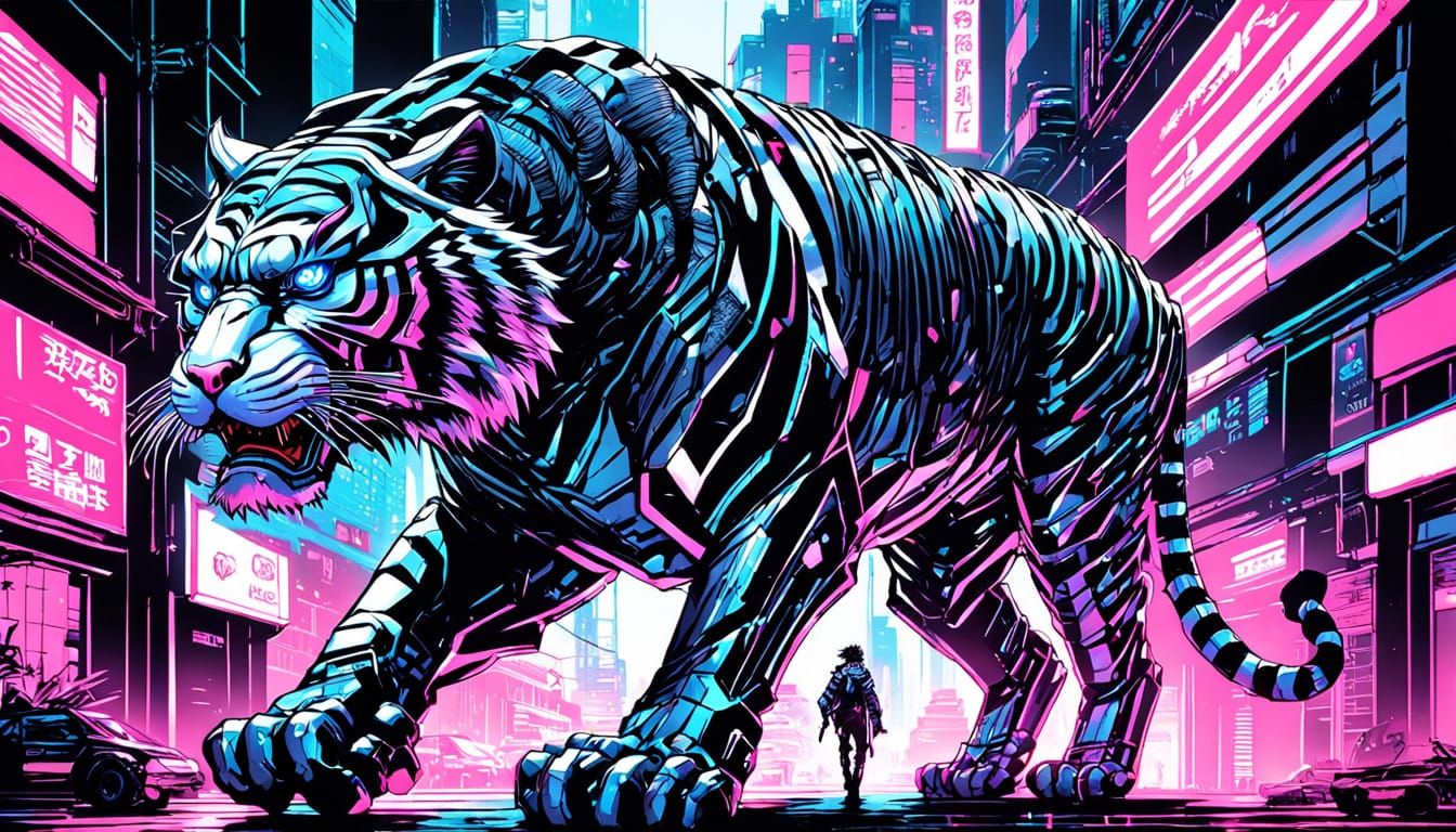 Cyber Tiger Roams Night City in Neon Glory