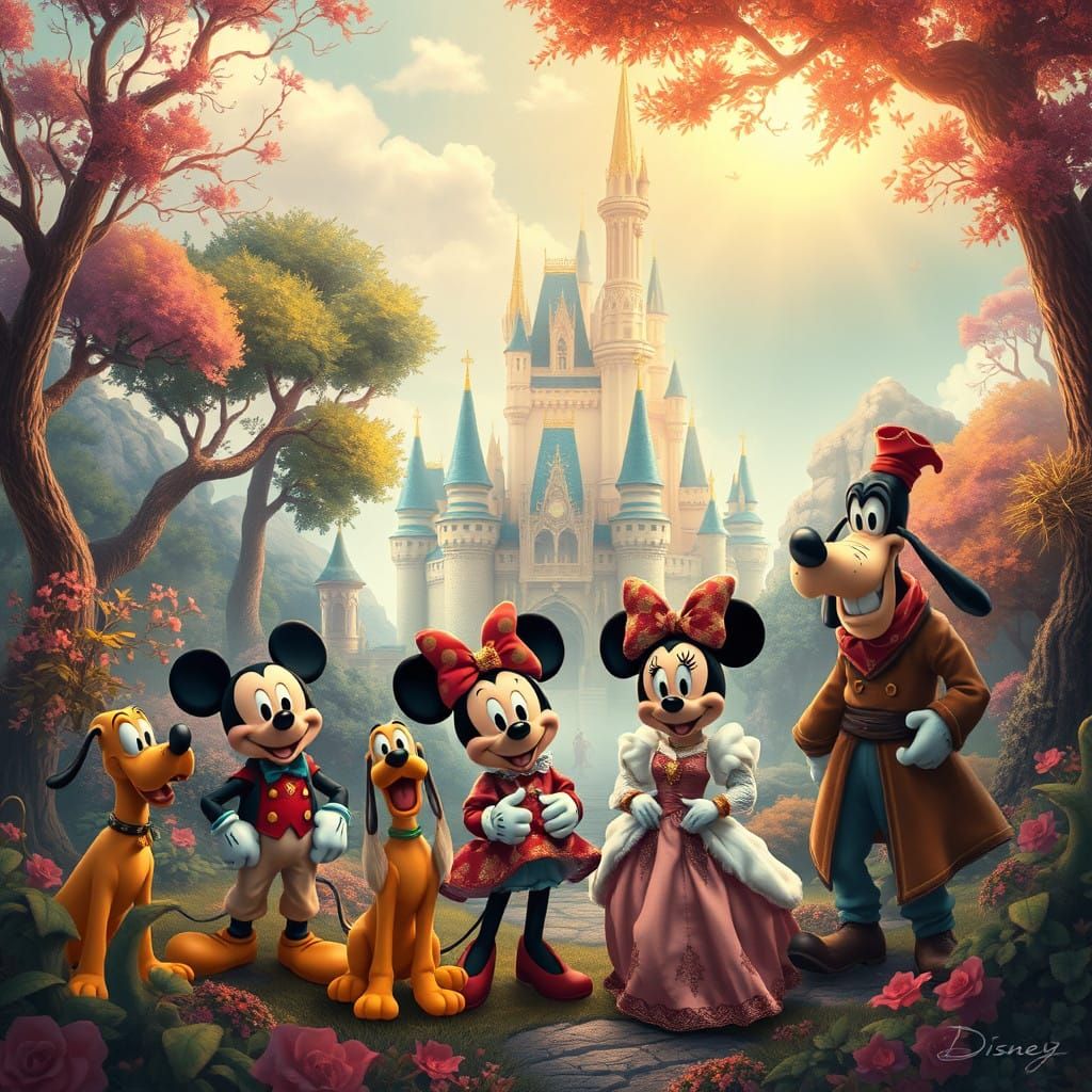 Disney Characters in Whimsical, Dreamlike Gathering