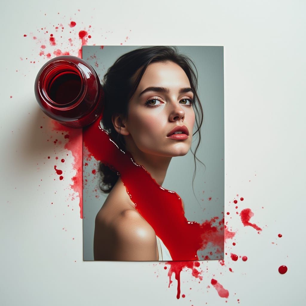 Serene Woman with Spilled Ink: Hyperrealistic Film Still