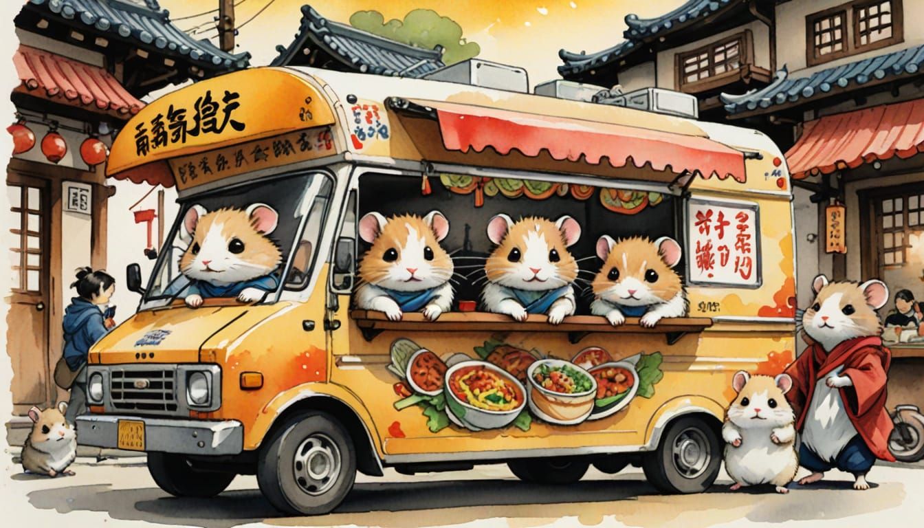 a picture of a wuxia taco truck with cute chibi ninja hamste...
