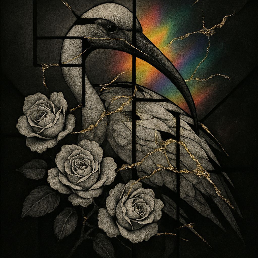 Surreal Darkwave Masterpiece with Fragmented Ibis and Roses