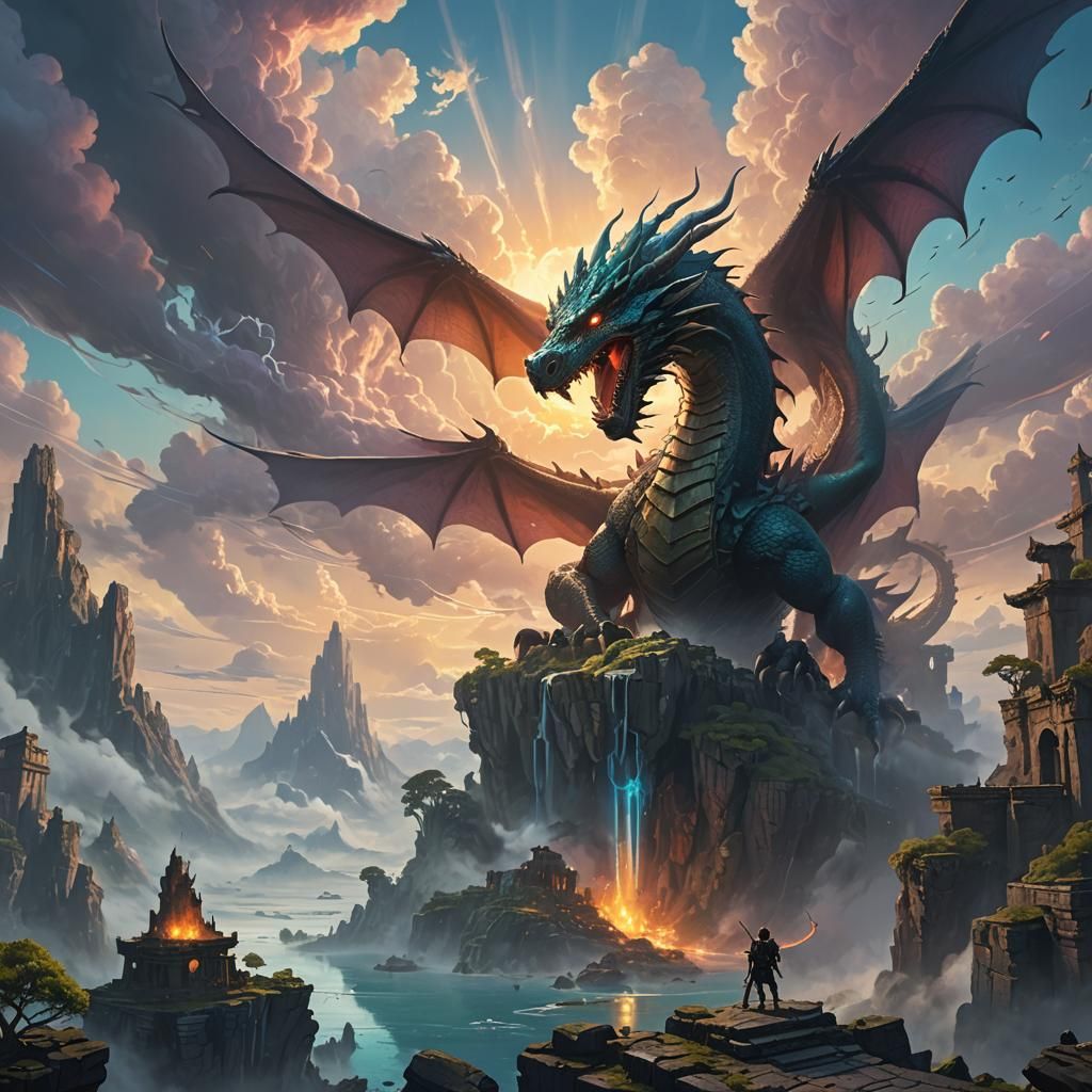 Majestic Dragon Soaring Over Fantasy Landscape