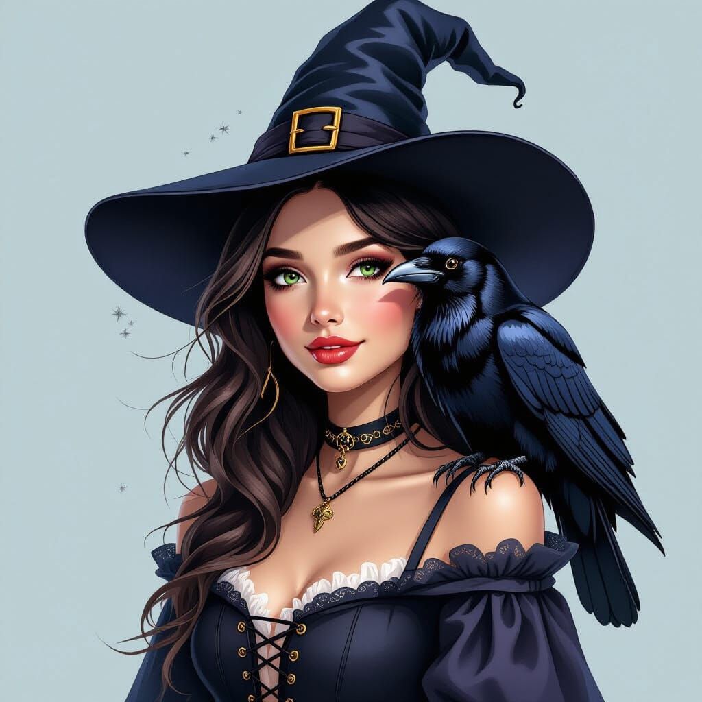 Beautiful Young Witch With Charming Raven Companion