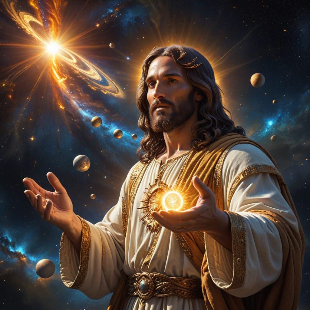 Jesus Holding Solar System in Cosmic Light