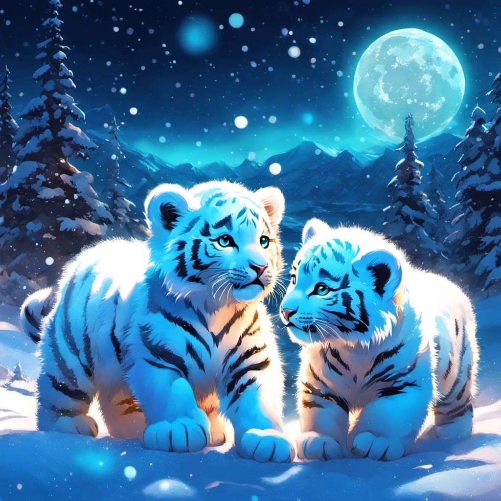 Chibi Snow Tiger Constellation on Aurora Borealis