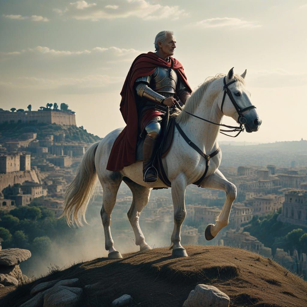 Julius Caesar Overlooking Imperial Rome in Pen and Ink Style