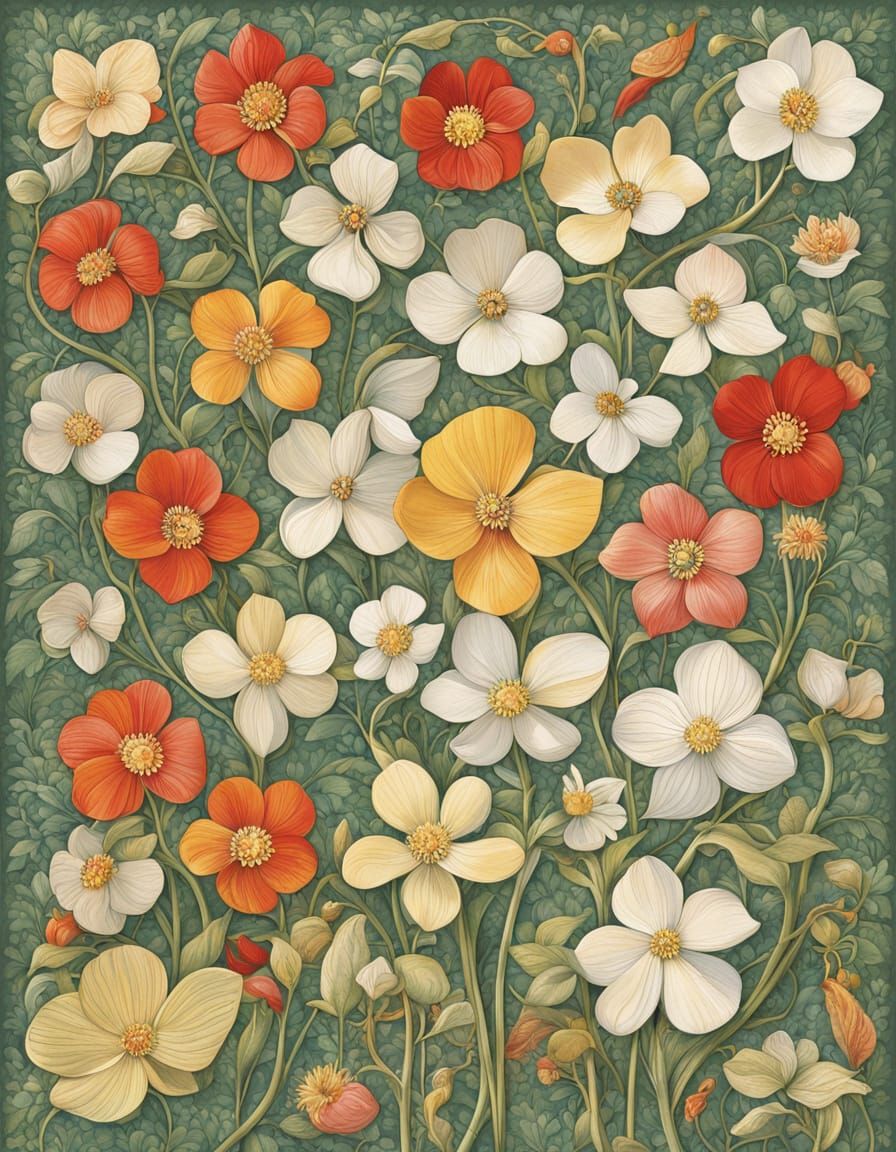 Dogwood Blossoms in Botanical Illustration Style