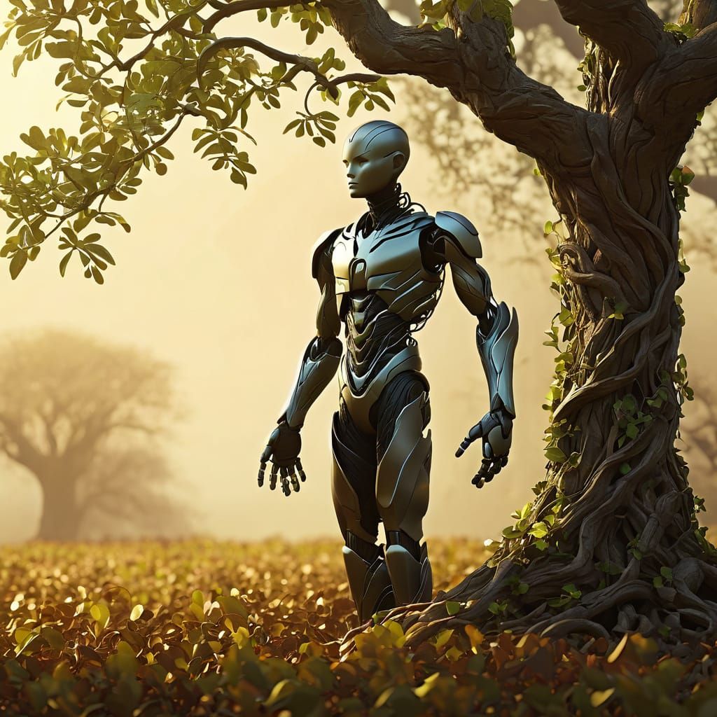 Humanoid Figure Nurturing Seedling Oak in Fantasy Style