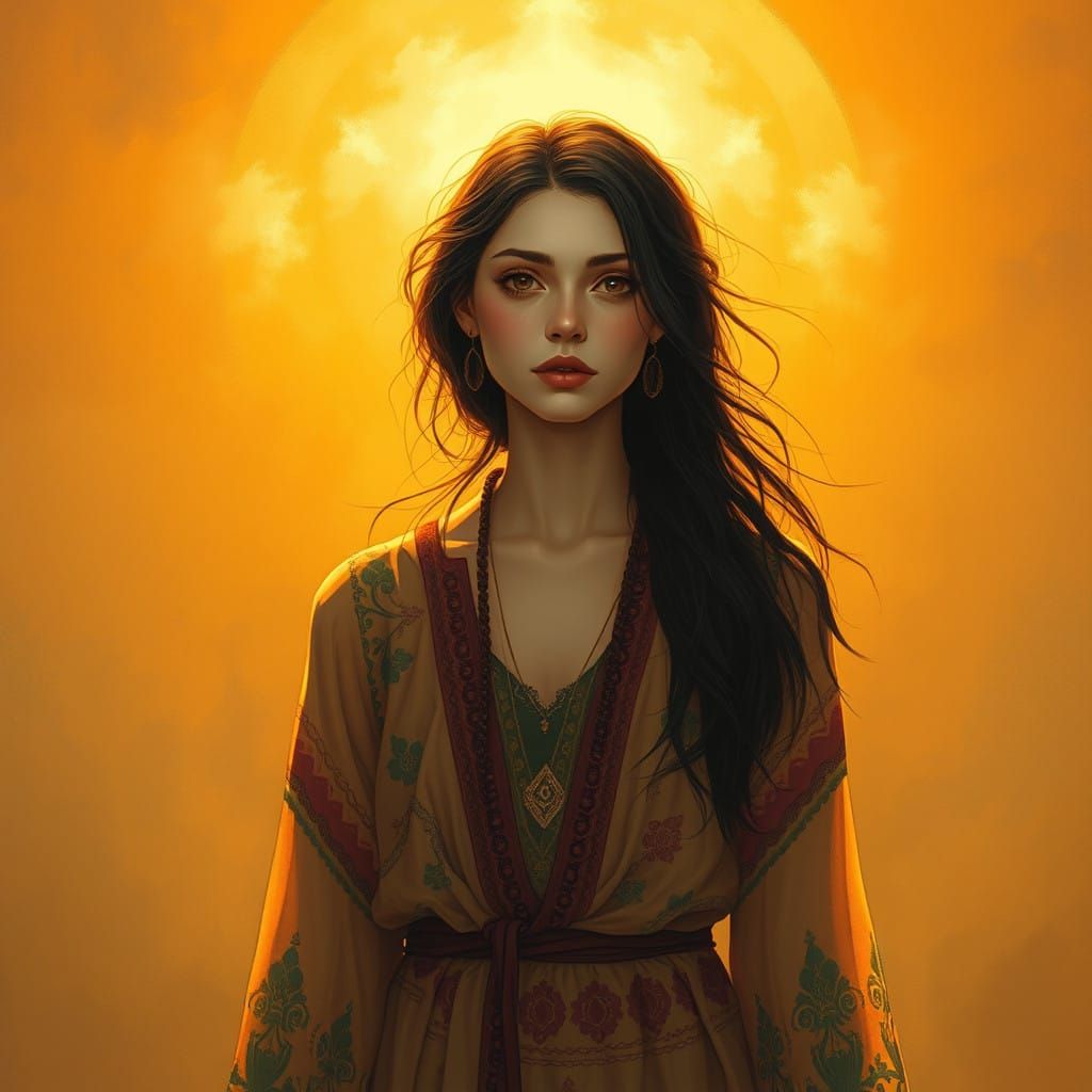 Ethereal Woman in Golden Light, Surrounded by Whispers of th...