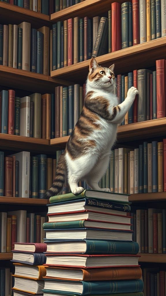 Cat Reaches for Library Book