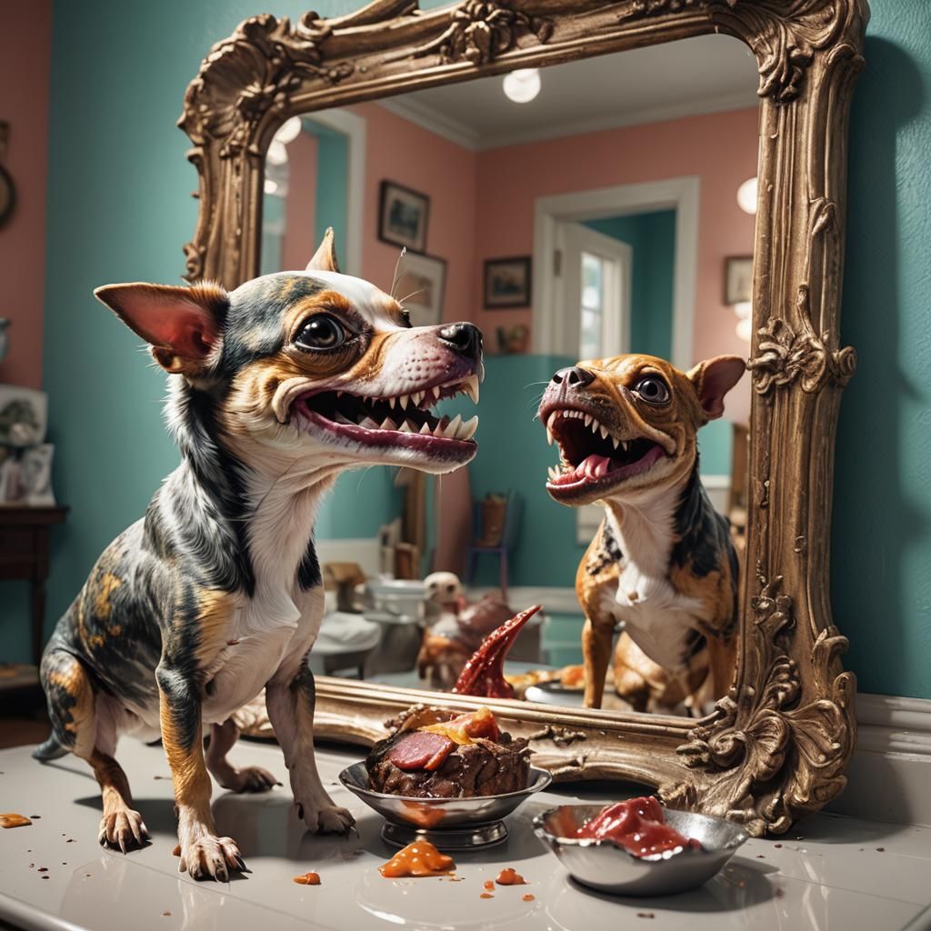 Chihuahua's T-Rex Reflection: Hyperrealistic Splash Art