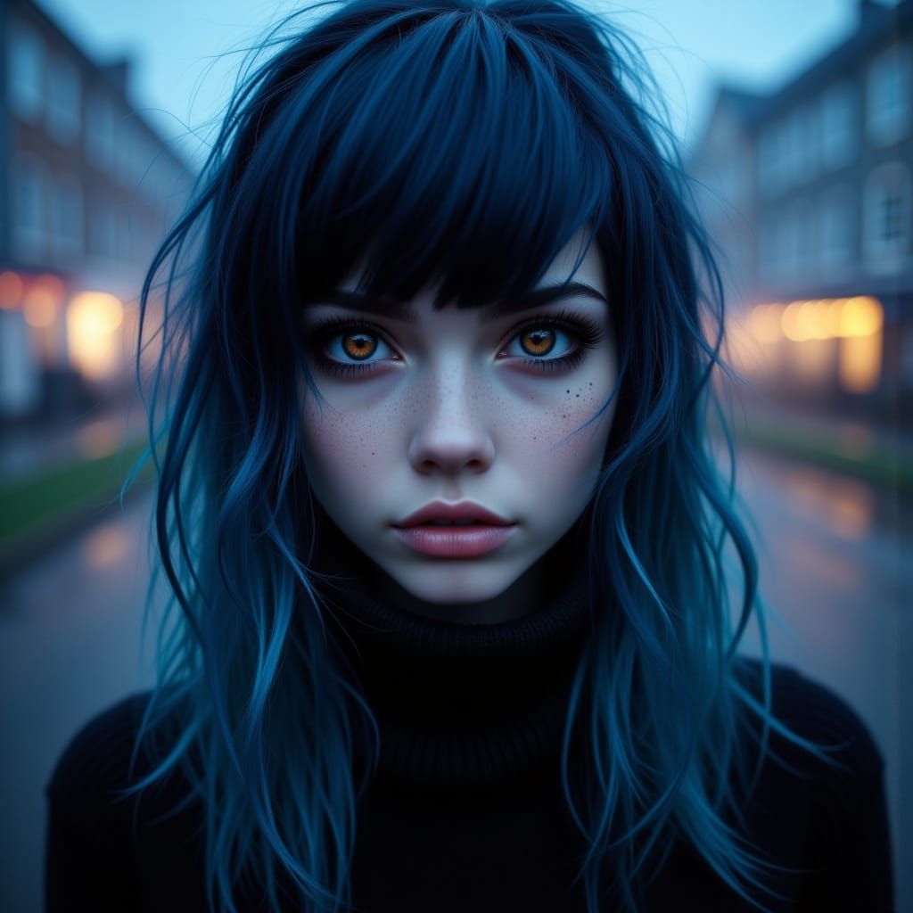 Emo Girl with Blue Hair Glaring in Midnight Mist
