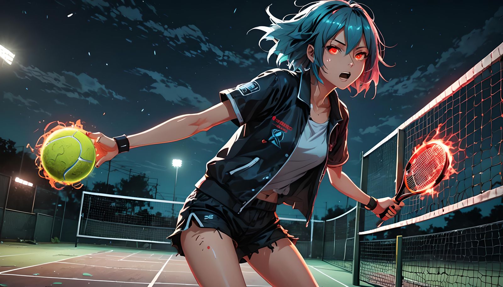 Anime Girl on Tennis Court with Bioluminescent Hair