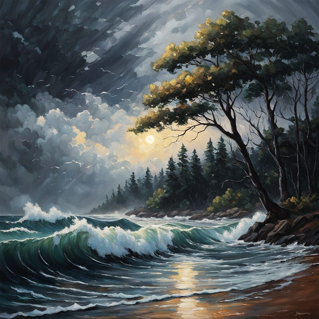 Turbulent Seas: Dark Trees in Dramatic Oil Painting