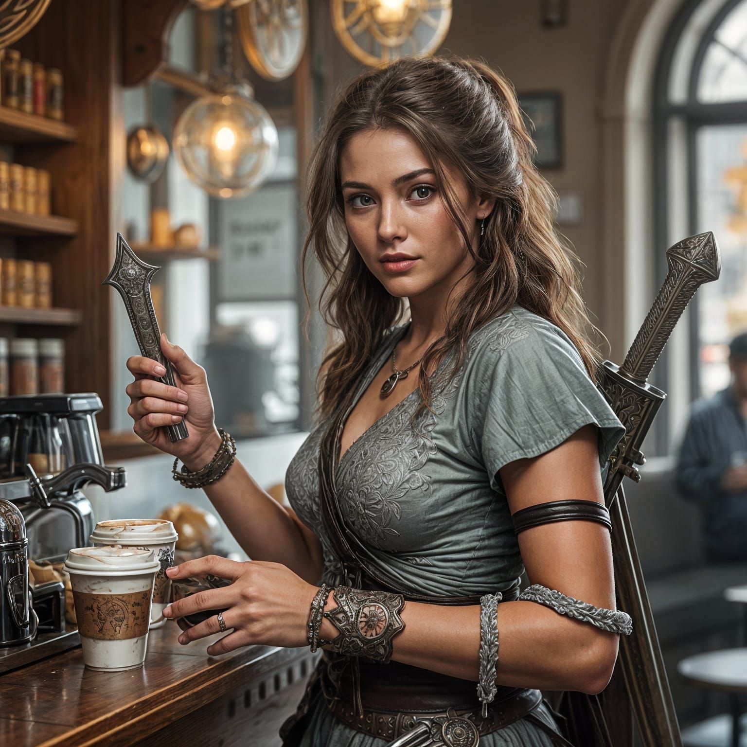 Warrior Woman Orders Coffee in Hyperrealistic Style
