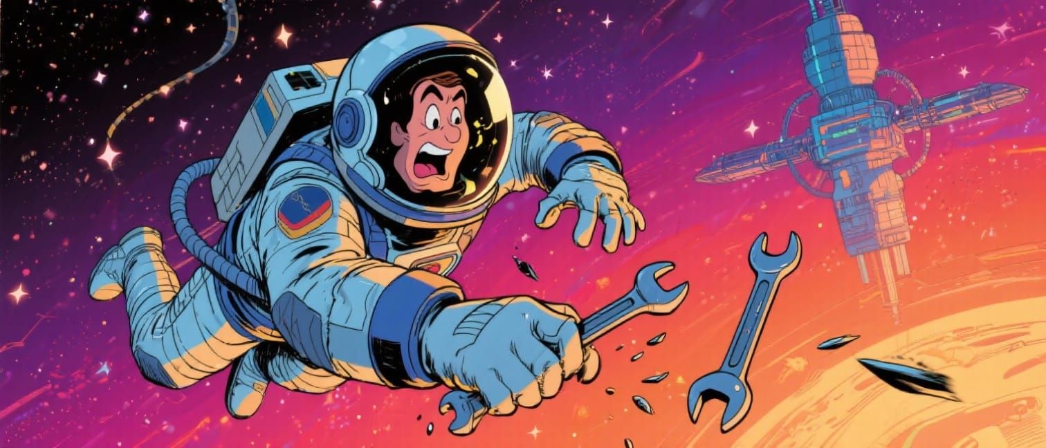 Astronaut Loses Wrench in Space, Retro Sci-Fi Style