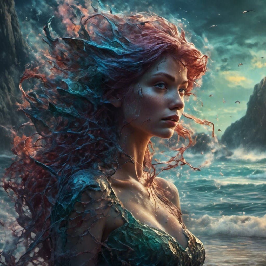 Mind Flayer Mermaid Seascape in Art Nouveau Style