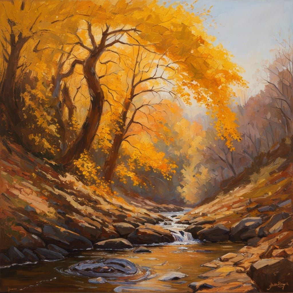 Golden Autumnal Sunlight Illuminates Forest Creek