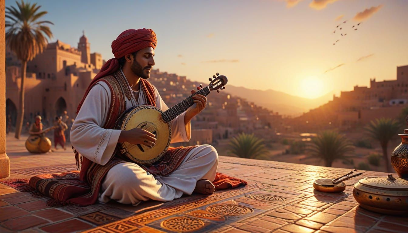 Moroccan Musician at Sunset in Hyperrealism