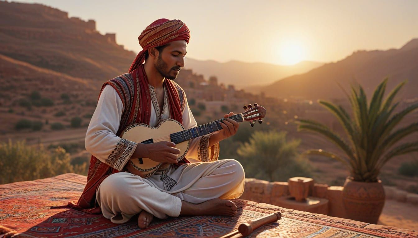 Moroccan Musician at Sunset: Hyperrealistic Concept Art
