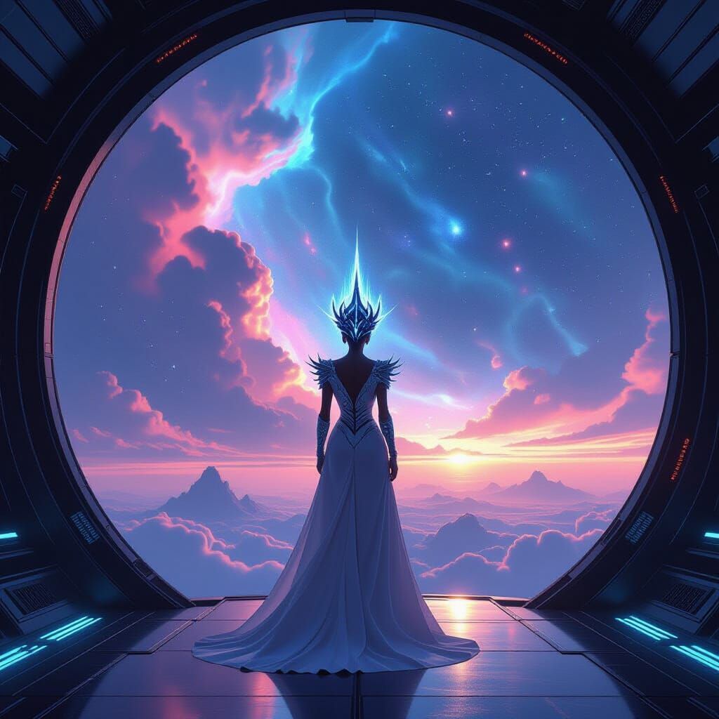 Futuristic Empress on Starship Bridge in Sci-Fi Concept Art