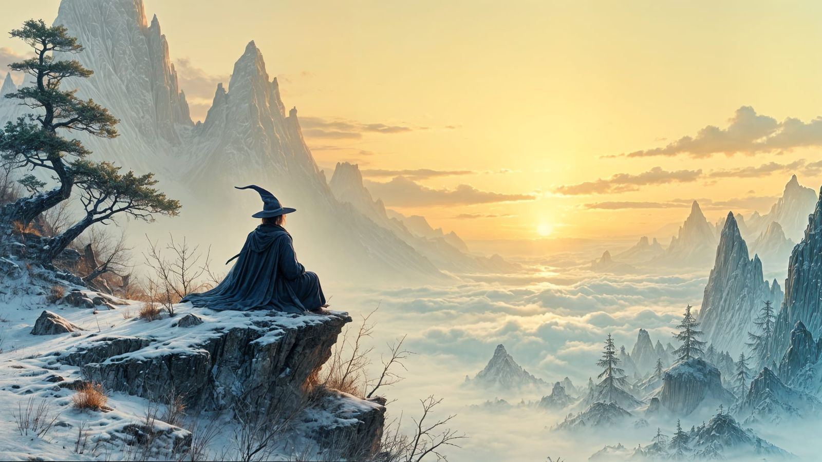 Ethereal Wizard Witnesses Dawn's Beauty from Snowy Summit