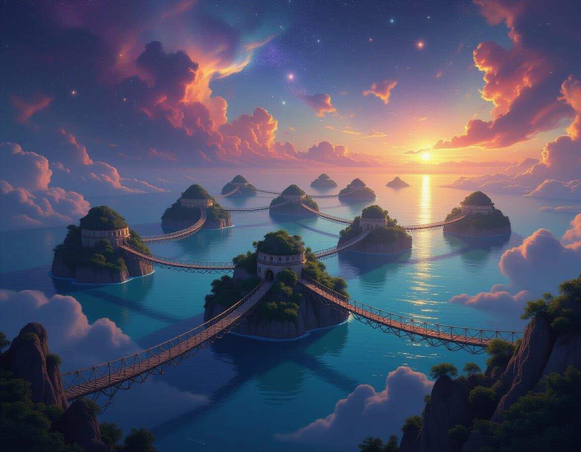 Floating Islands Connected by Rope Bridges in Space