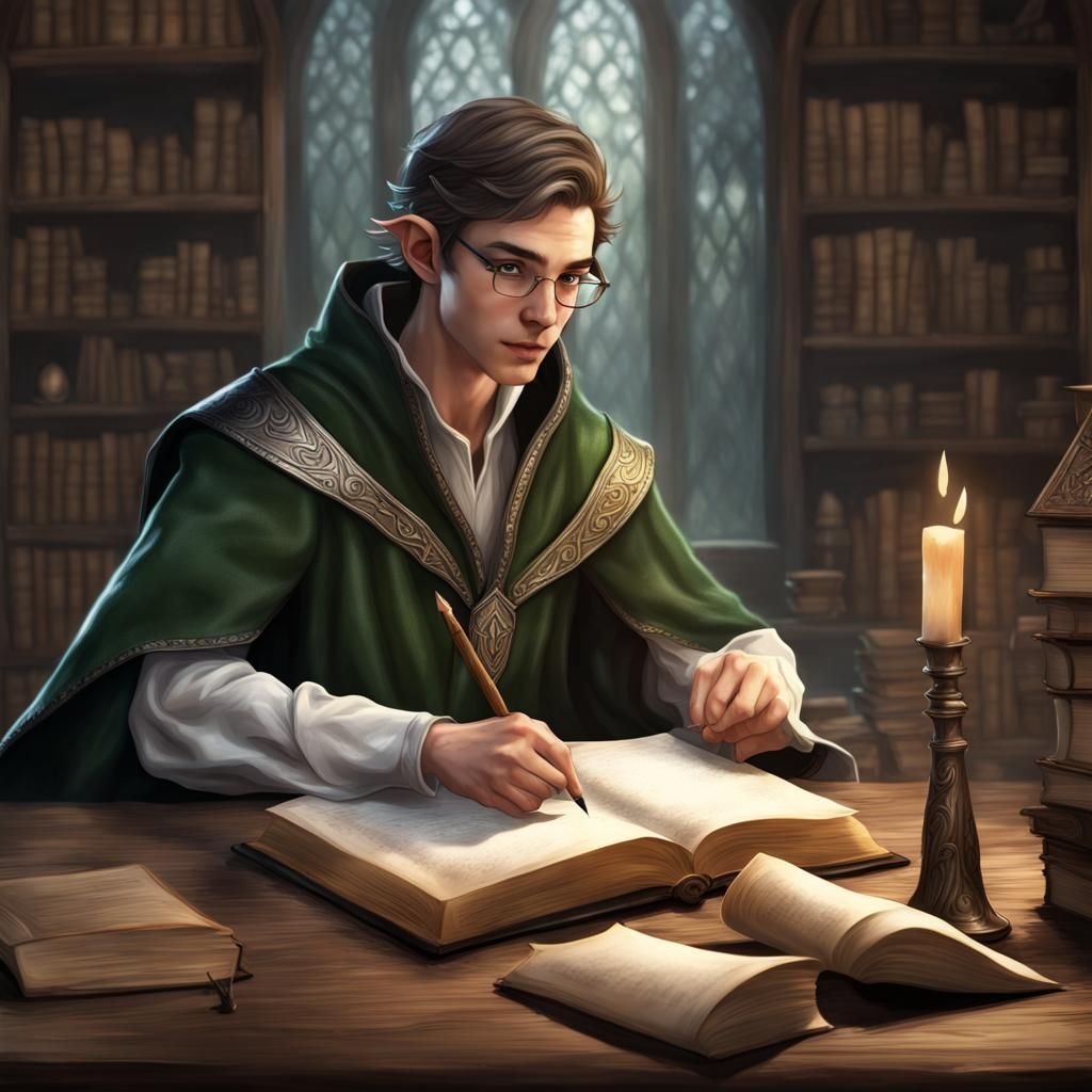Young Elven Wizard Studying Ancient Magic
